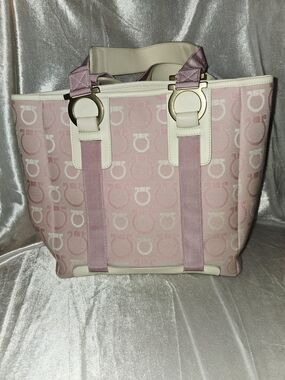 Salvatore Ferragamo Pink Canvas Tote with Cream Trim and Gold Hardware Accents